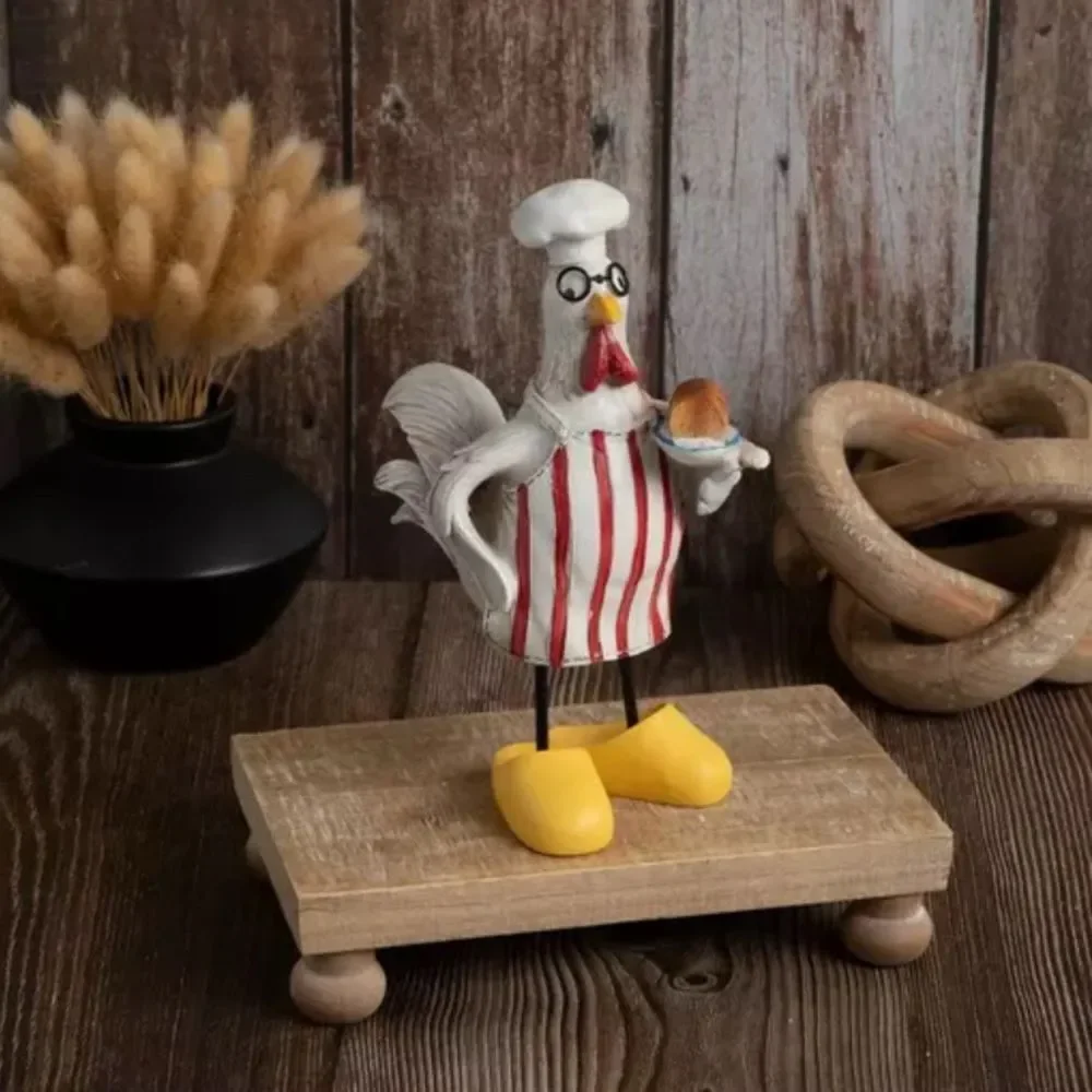 Chef Rooster Figurine with Red Stripes and Yellow Shoes Chef Rooster Figurine